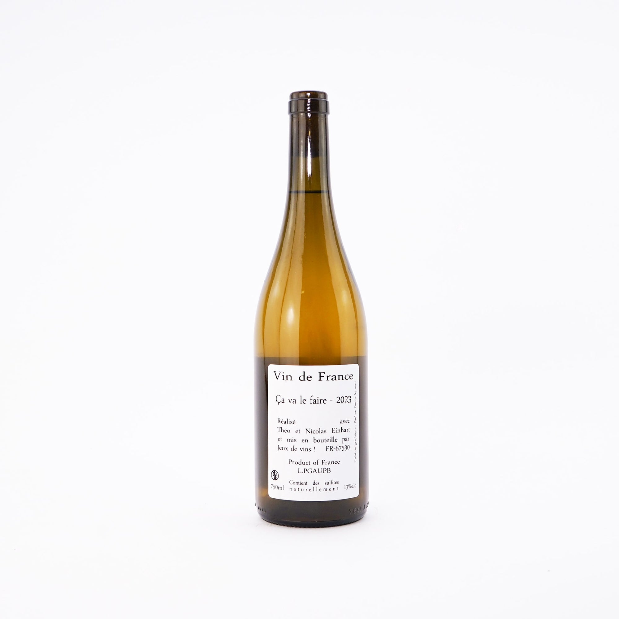 A bottle of white natural wine Ca Va Le Faire by Jeux de Vins and Nicolas Einhart from France back view