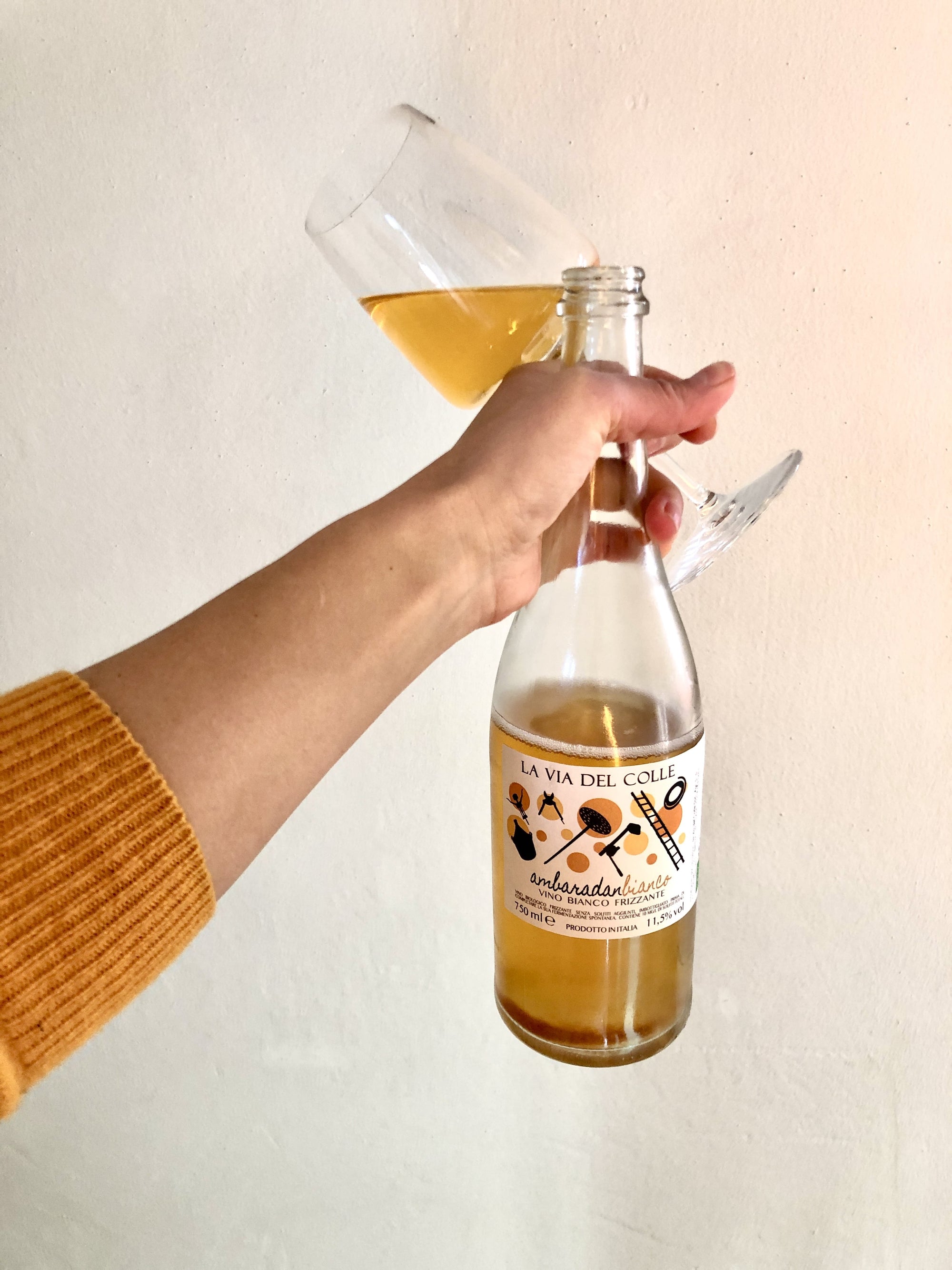 A bottle and a Glass Of Pet Nat against a neutral background