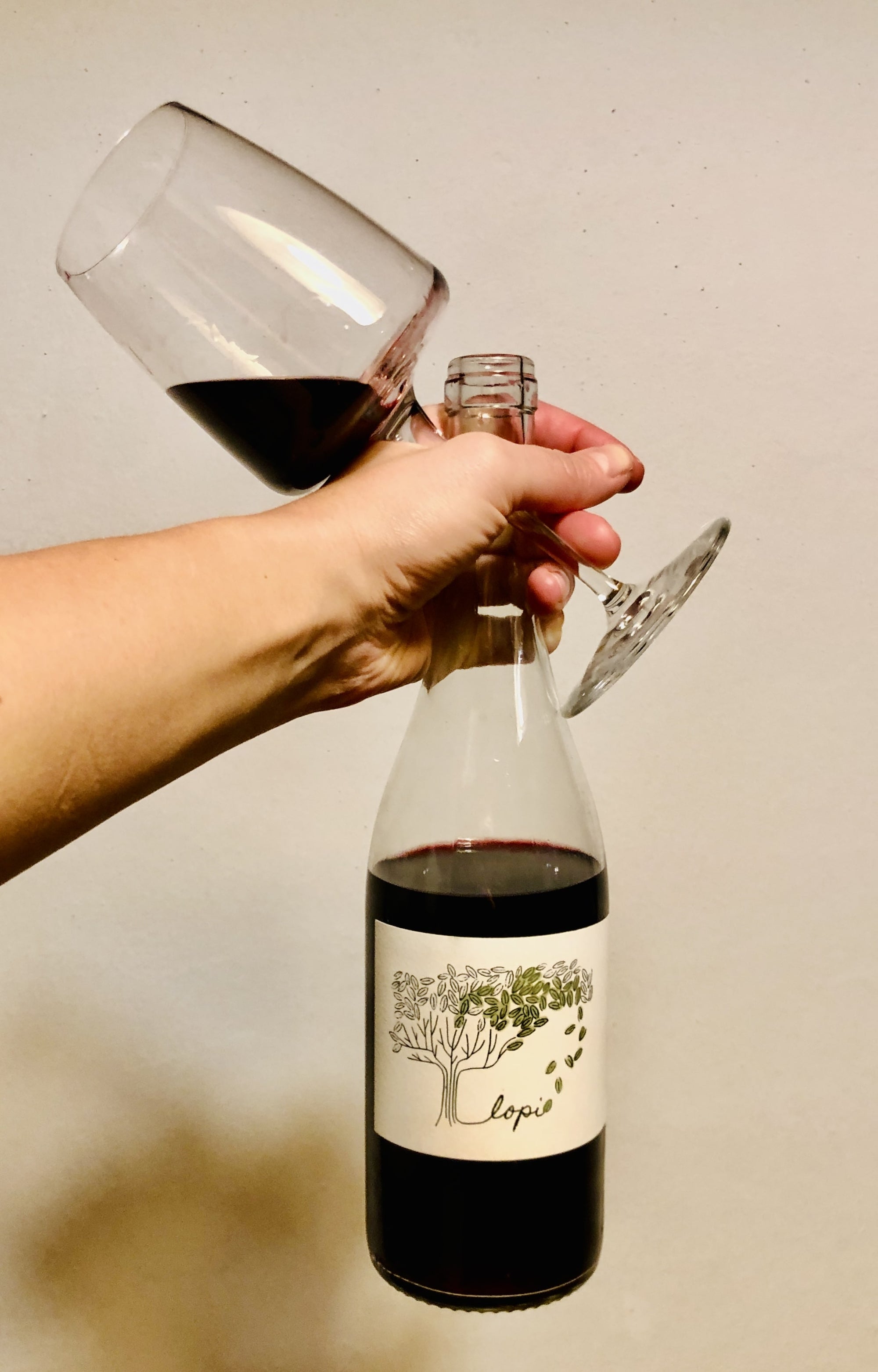 Hand pouring red wine from a bottle labeled 'Lopi' into a glass against a neutral background.