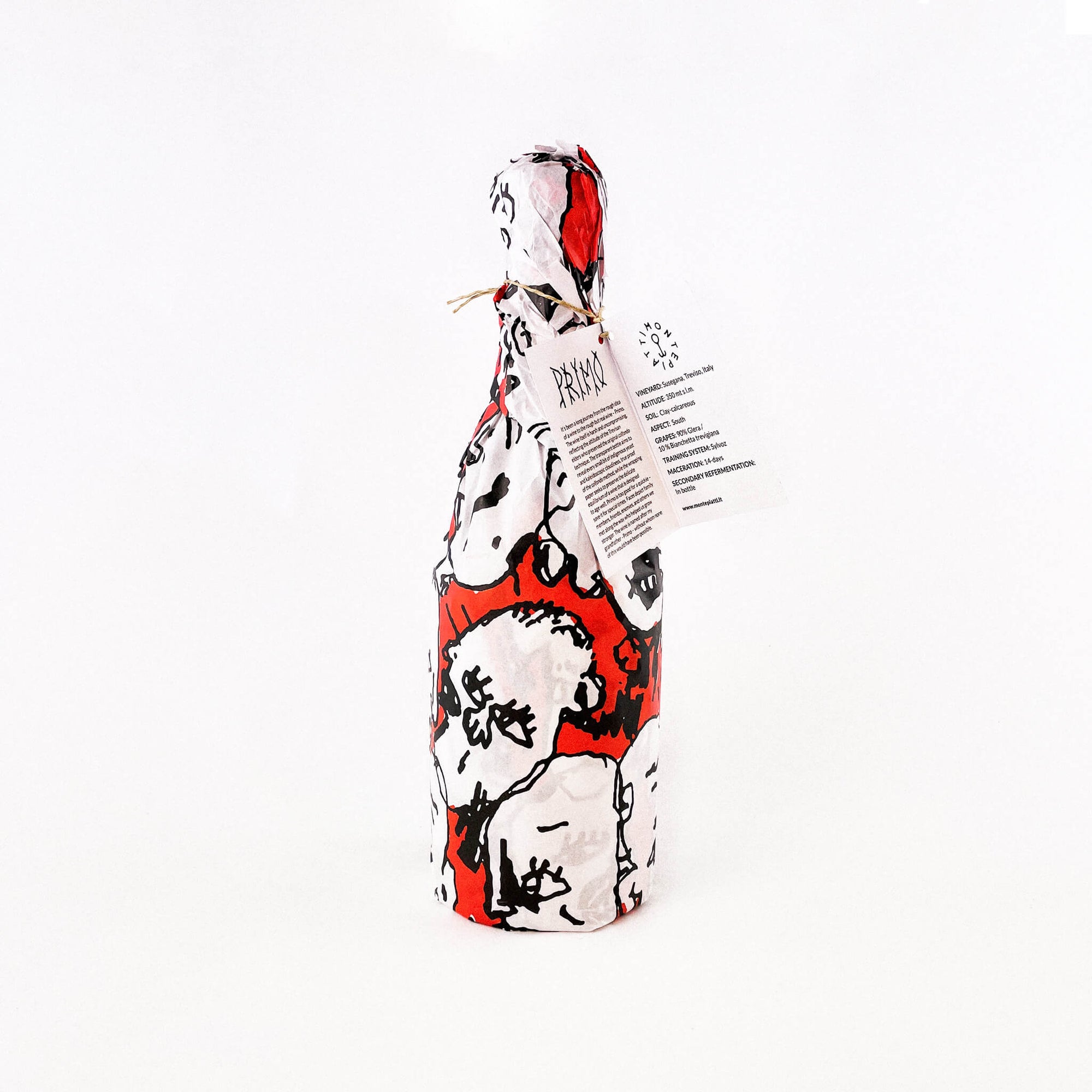 Montepiatti Primo Pet Nat Bottle of Natural Sparkling Wine wrapped open card