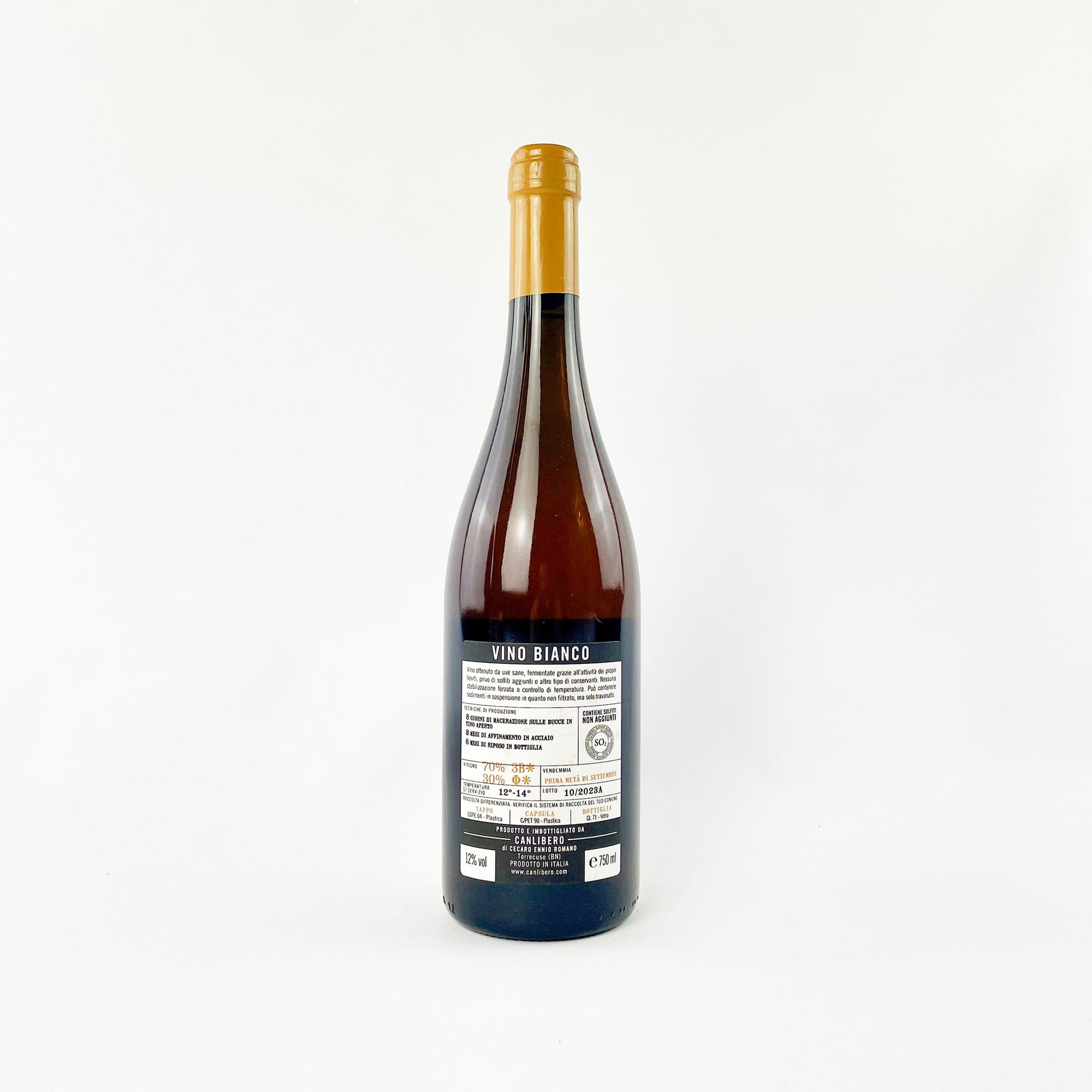 A Bottle Of Natural Orange White Wine V For Vittorio by Canlibero Back View