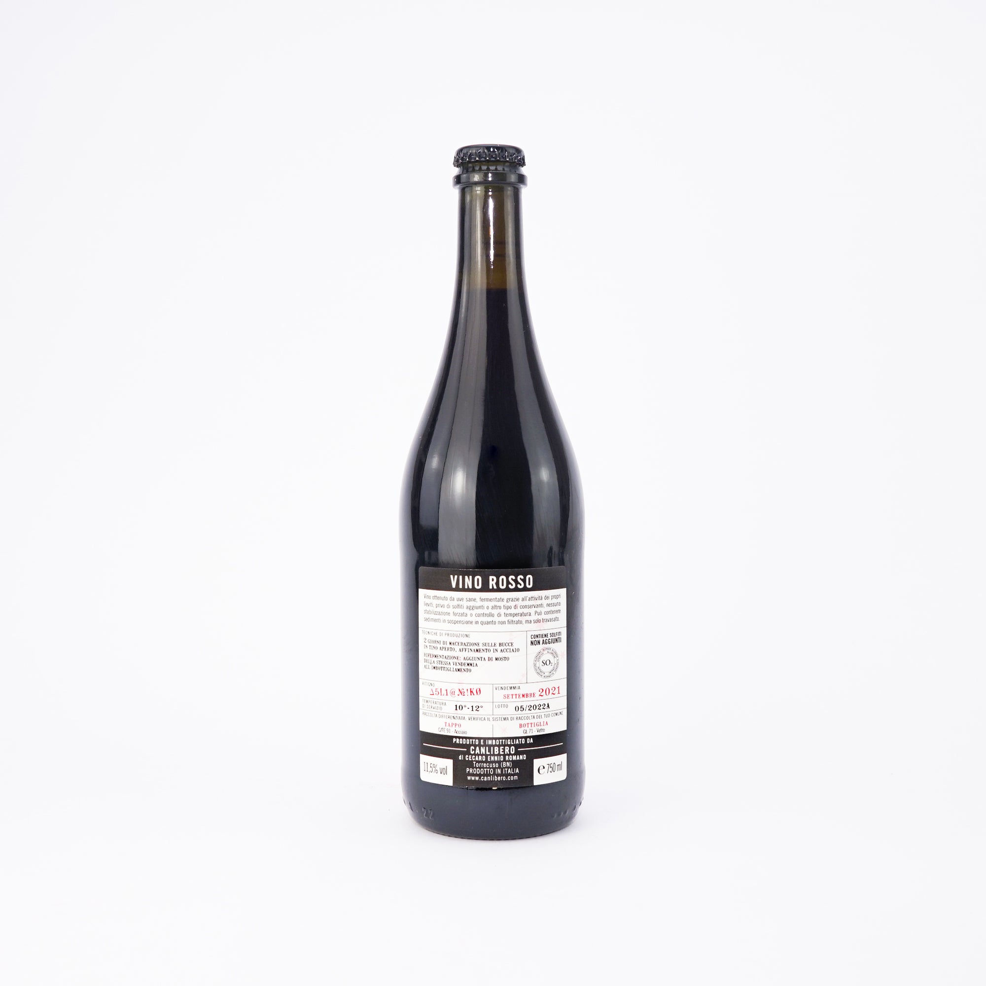 A bottle of red natural wine on a white background