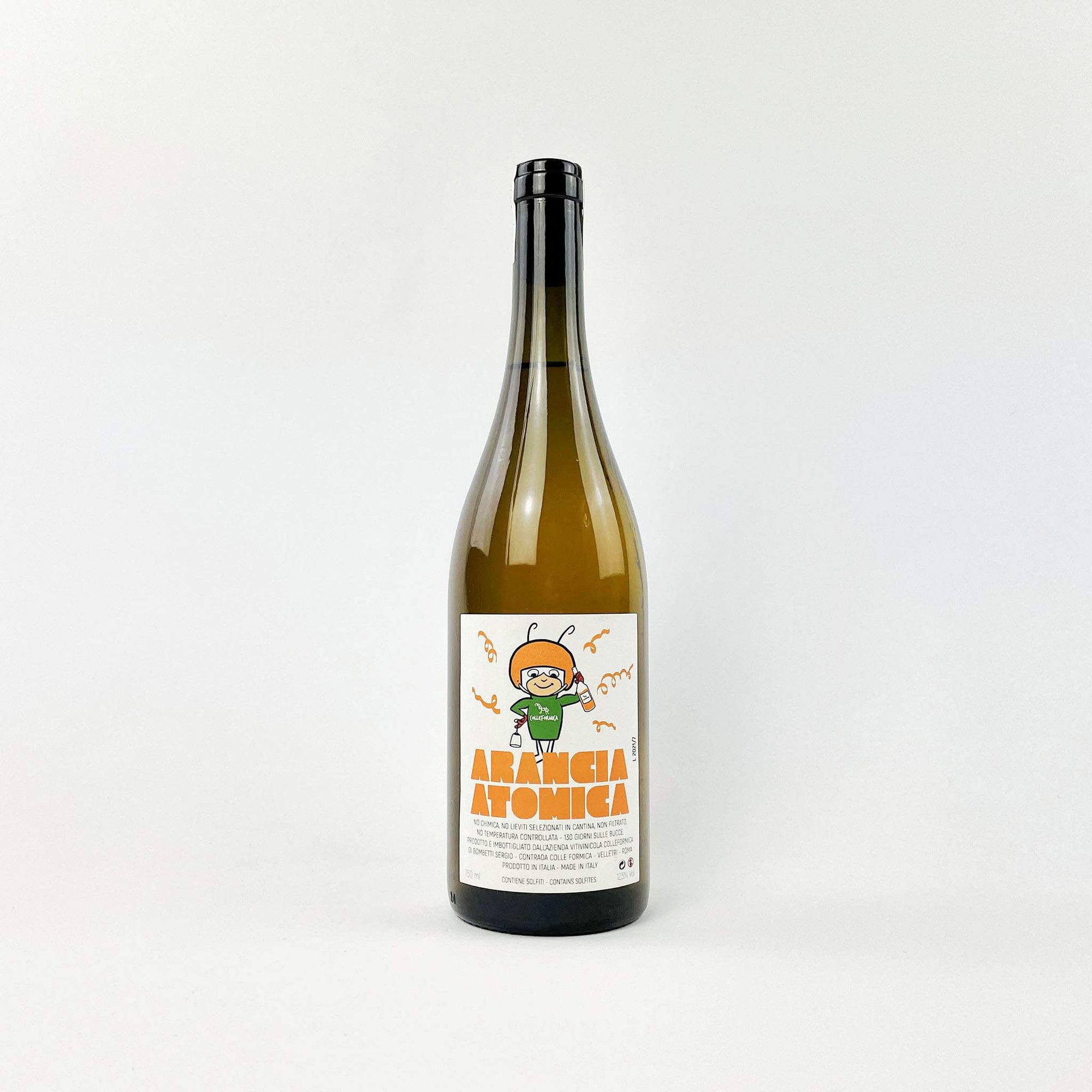 A bottle of Colleformica Arancia Atomica Orarnge Natural Wine