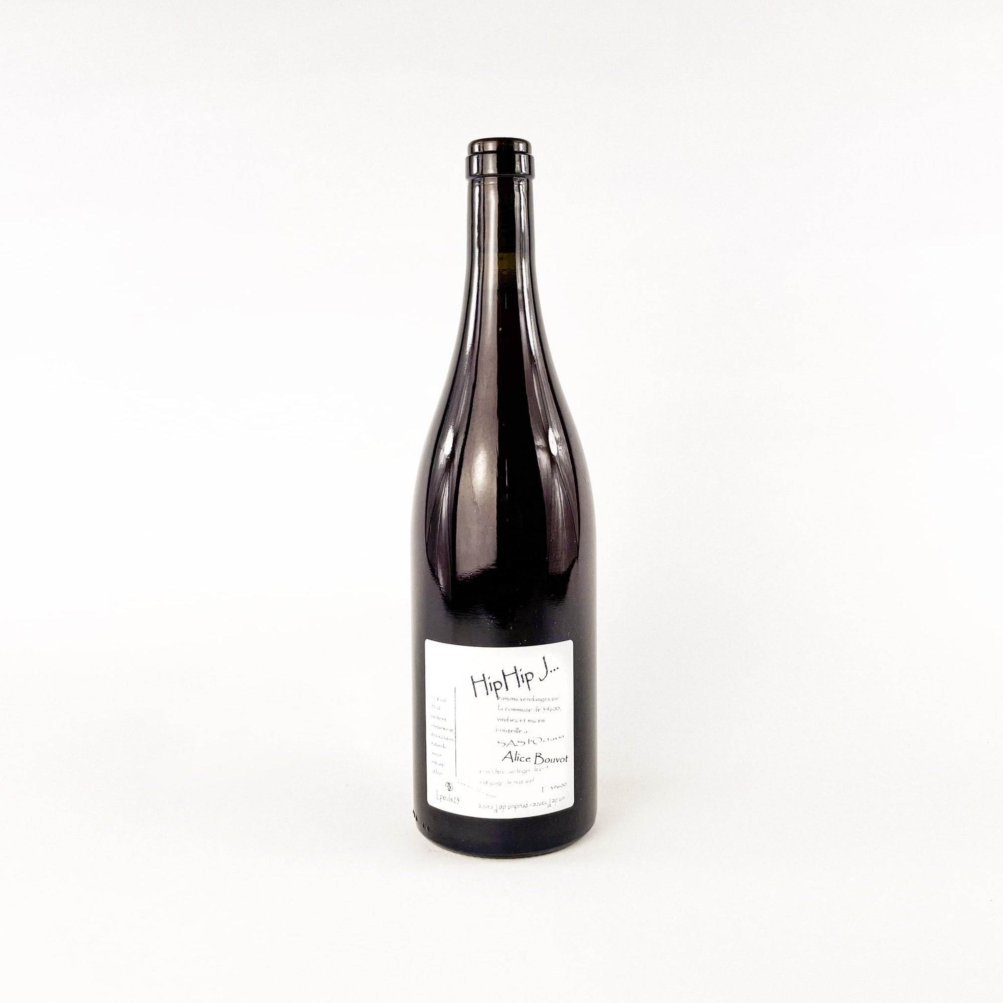 A bottle of red poulsard natural wine Hip Hip Jura by Alice Bouvot L'Octavin back view