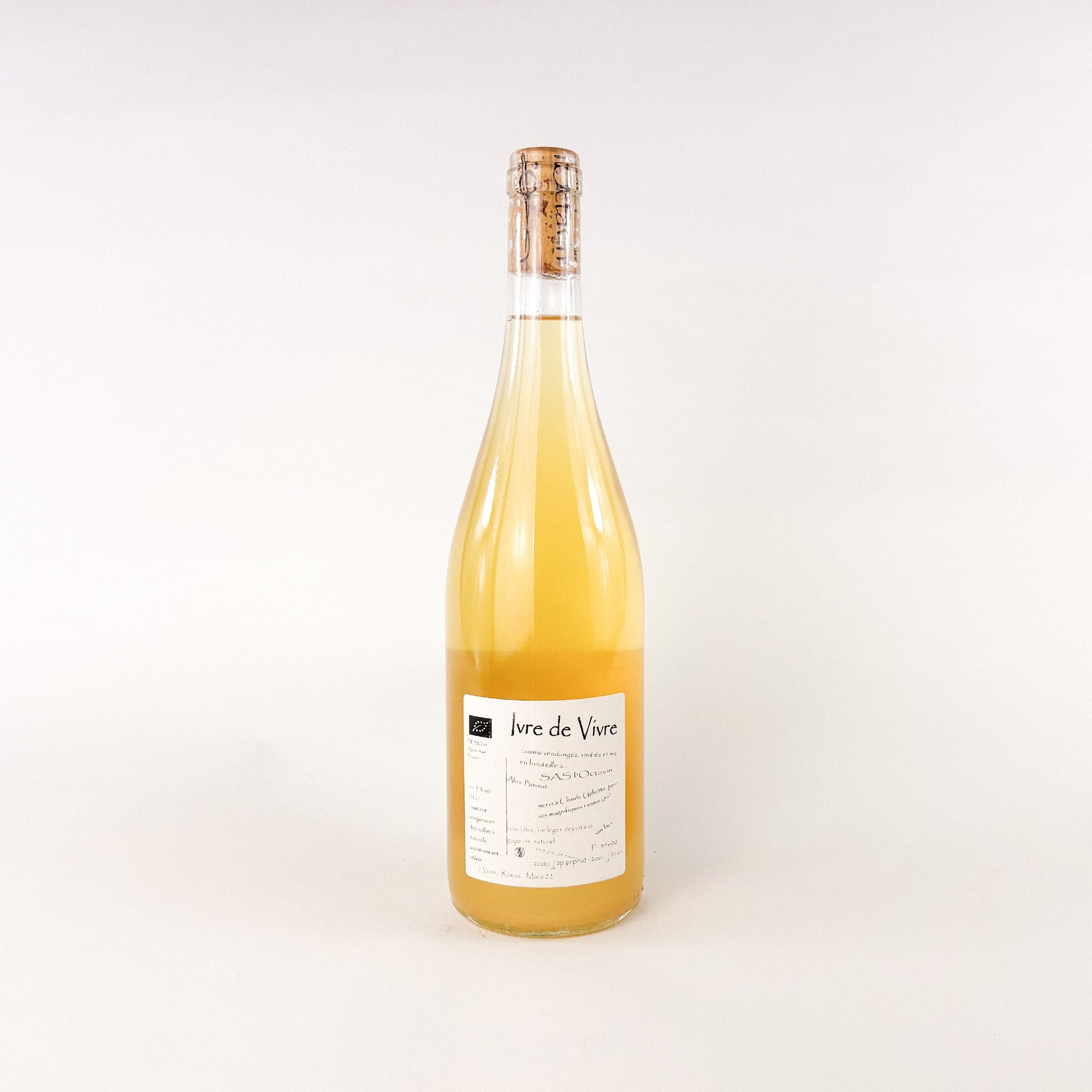 A bottle of white natural wine Ivre De Vivre by Alice Bouvot of L'Octavin back view