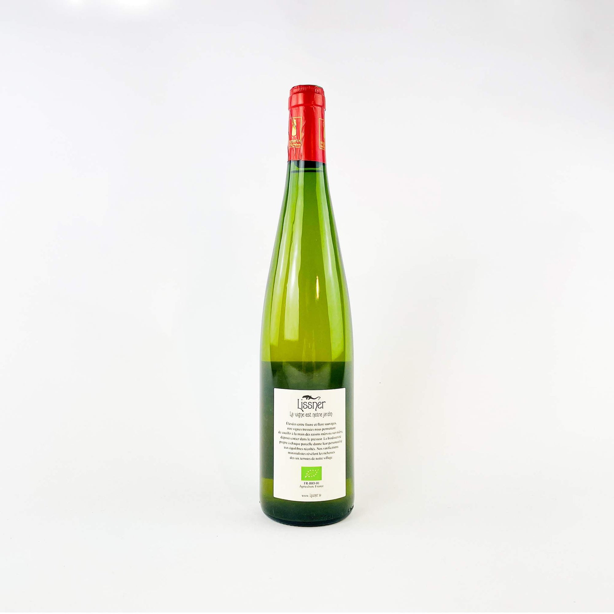 A bottle of Domaine Lissner Auxerrois White Natural Wine Back View