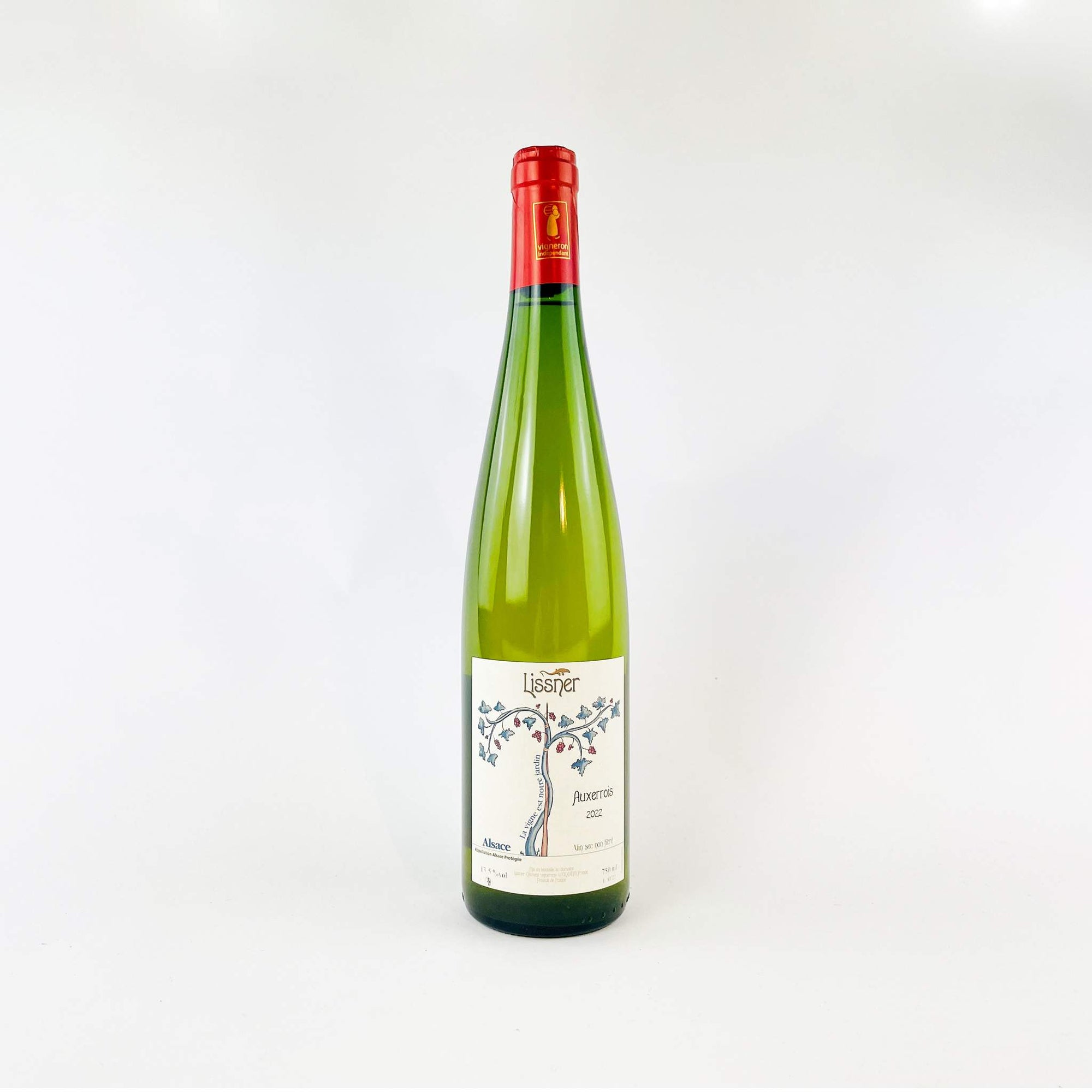 A bottle of Domaine Lissner Auxerrois White Natural Wine Front View