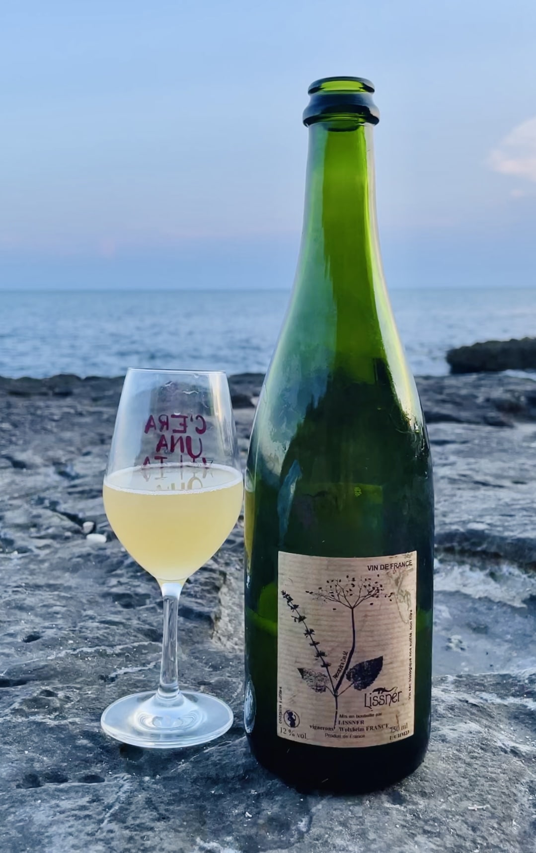 Bottle and glass of white wine on a rocky beach with ocean view