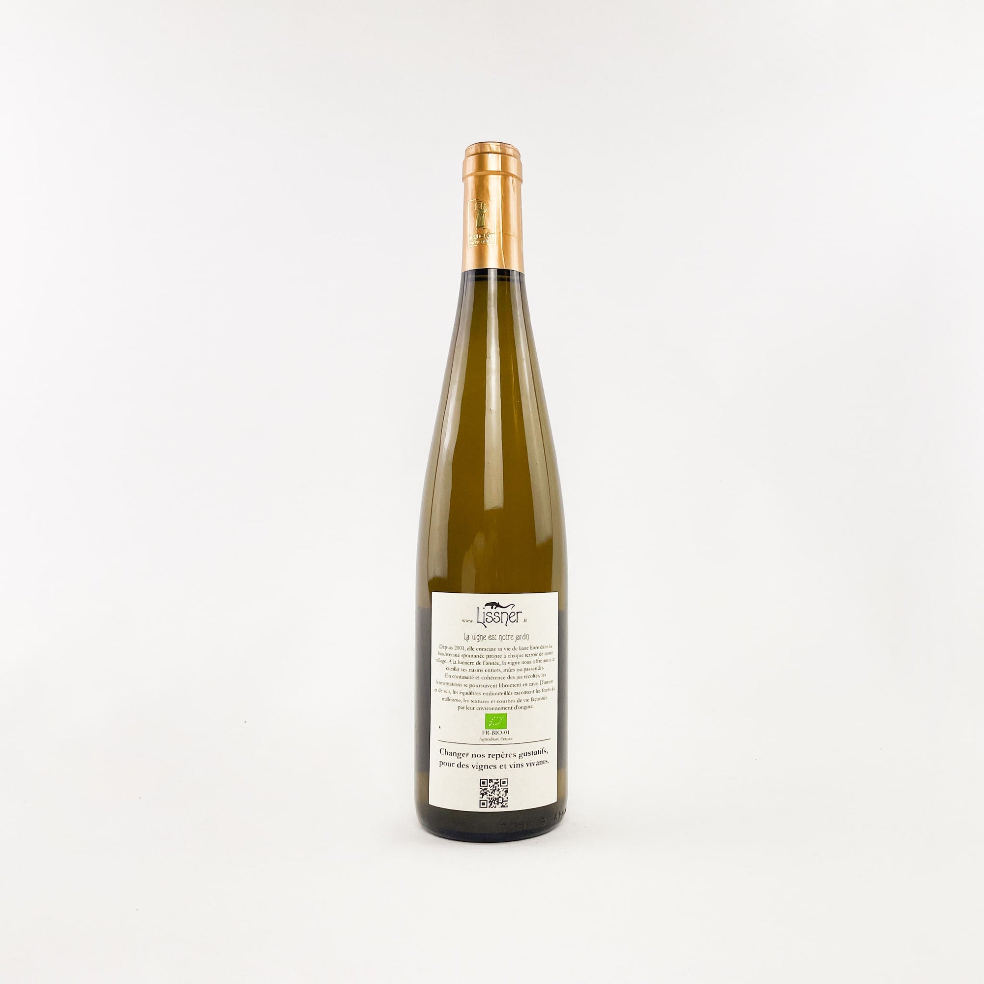 A bottle of natural white wine Lissner Pinot Blanc Horn Back View