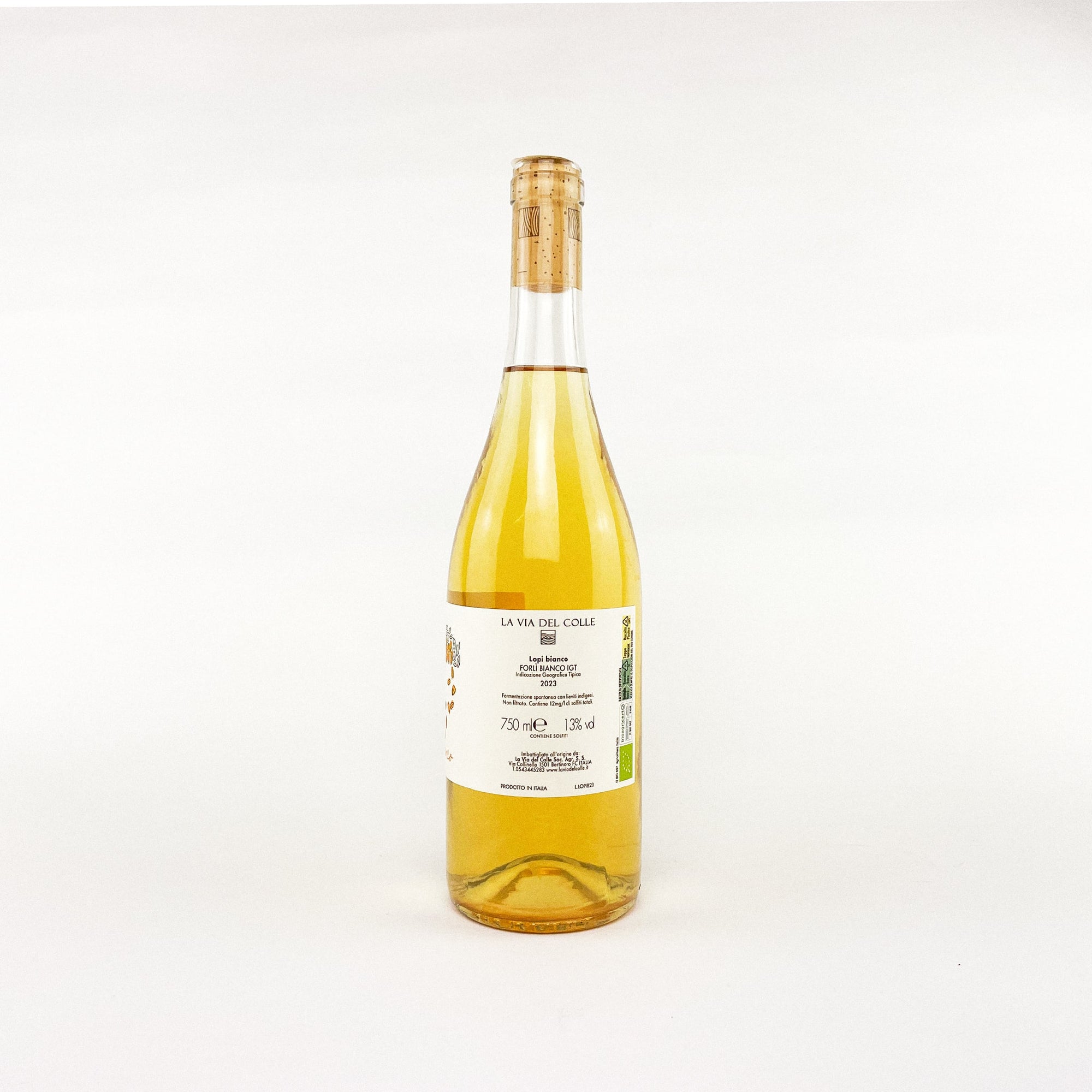 A bottle of white natural wine Lopi Bianco of La Via Del Colle side view