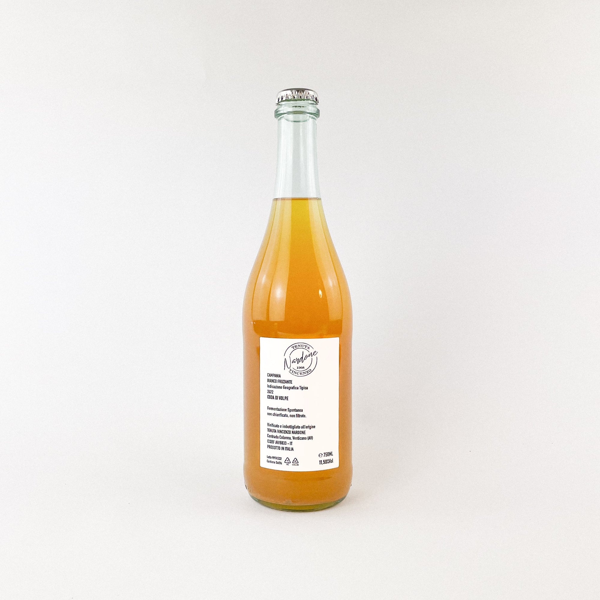 A bottle of natural sparkling wine orange pet nat by Tenuta Nardone front view