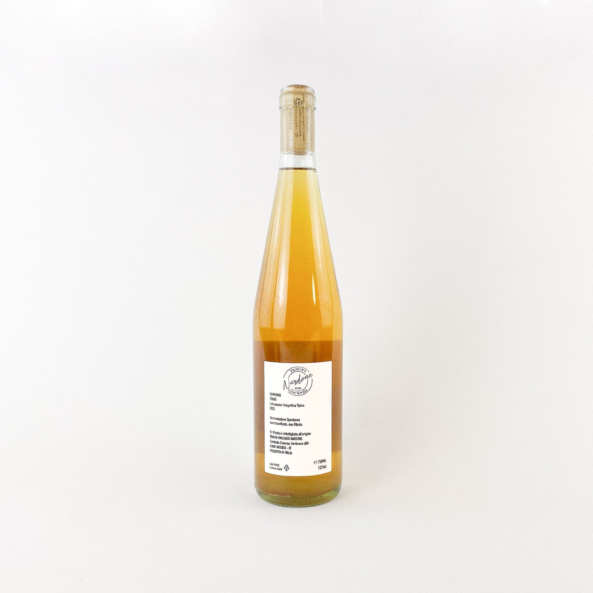 A bottle of orange natural wine from Italy, Pupo Zero Fiano by Tenuta Nardone Back View
