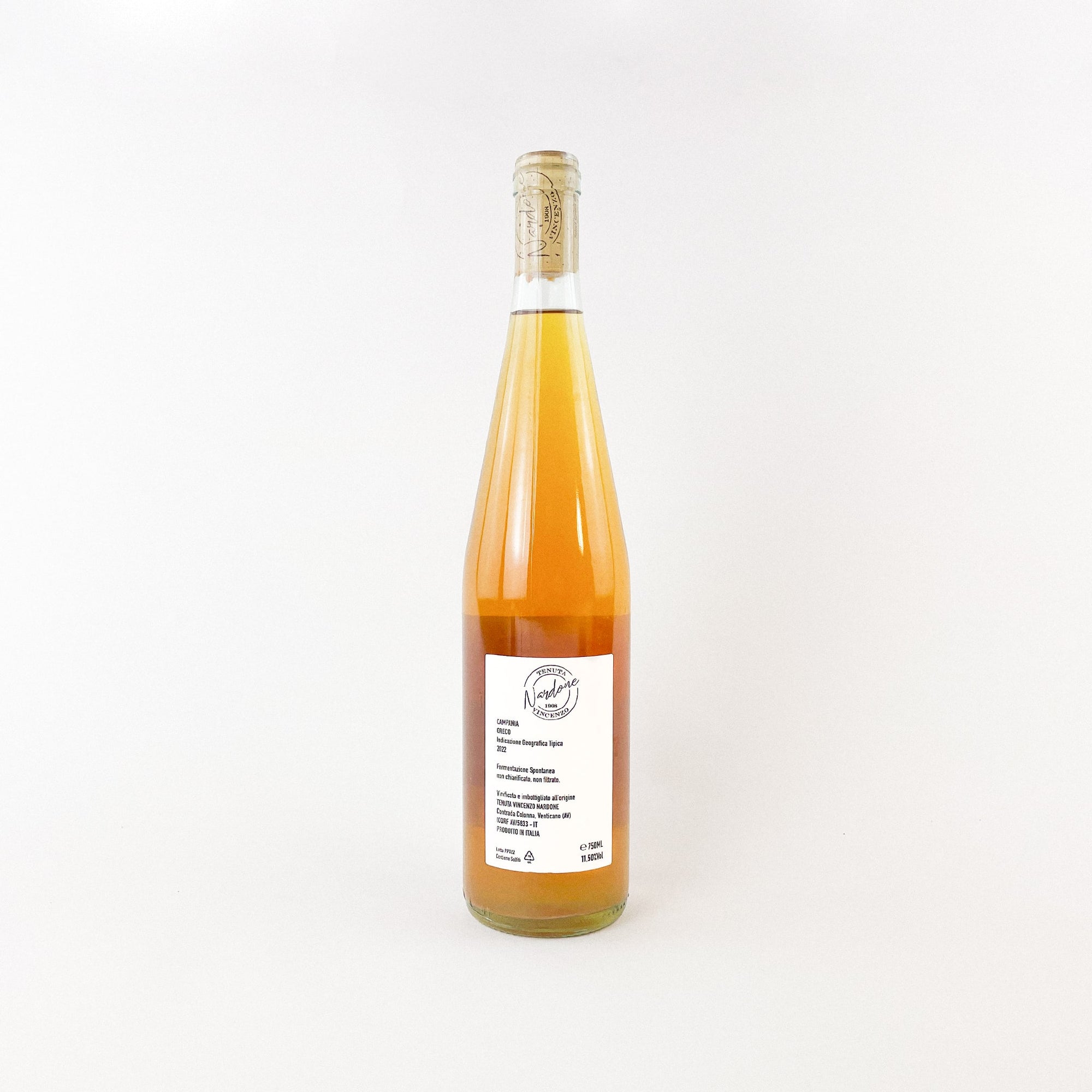 A bottle of orange natural wine from Italy - Pupo Zero Greco by Tenuta Nardone Back View