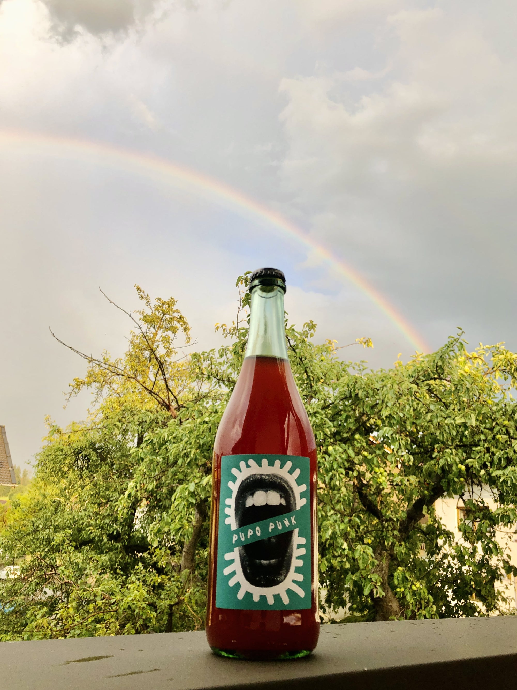 A Bottle Of Pet Nat Natural Wine under a Rainbow