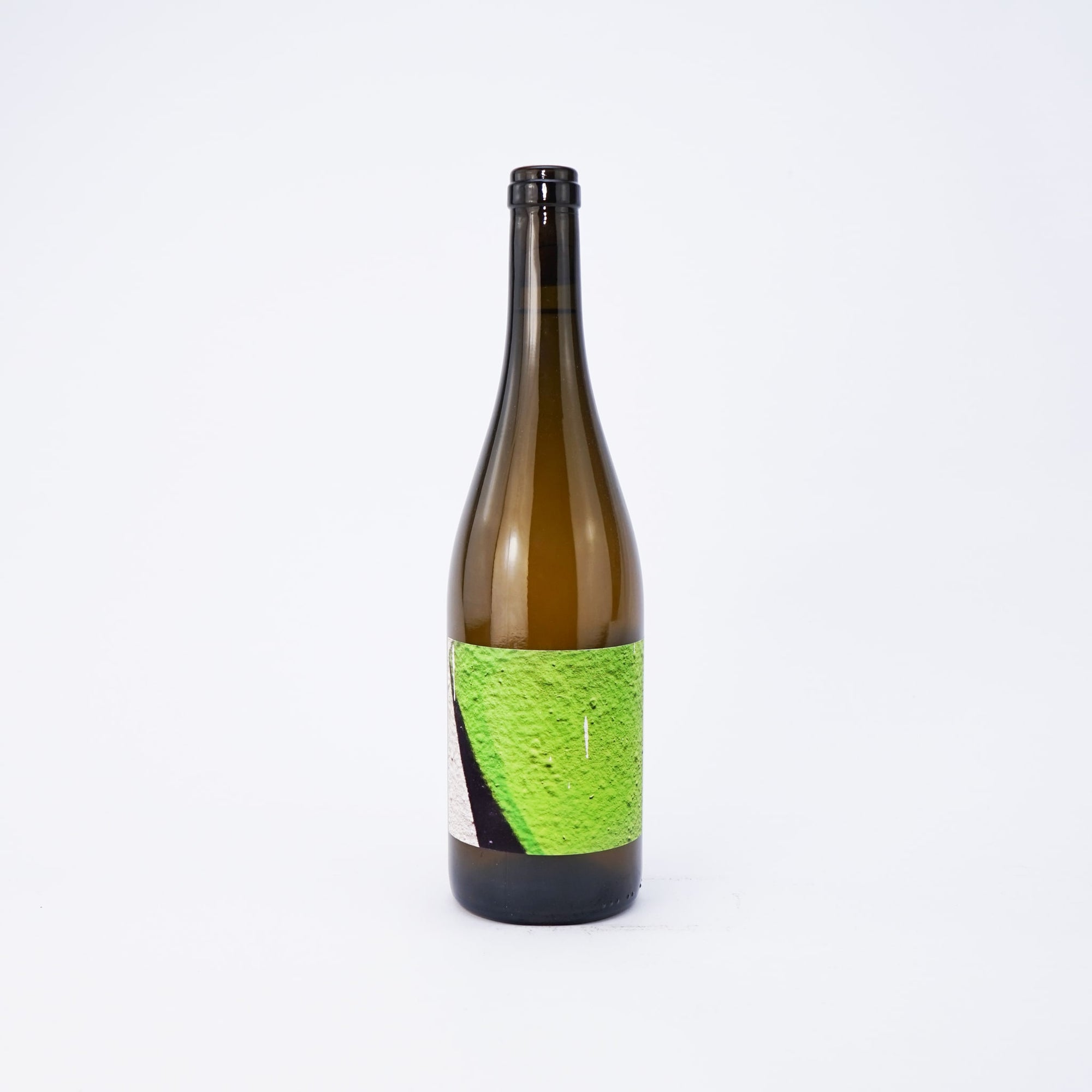 Bottle of white wine with a green label on a white background front view