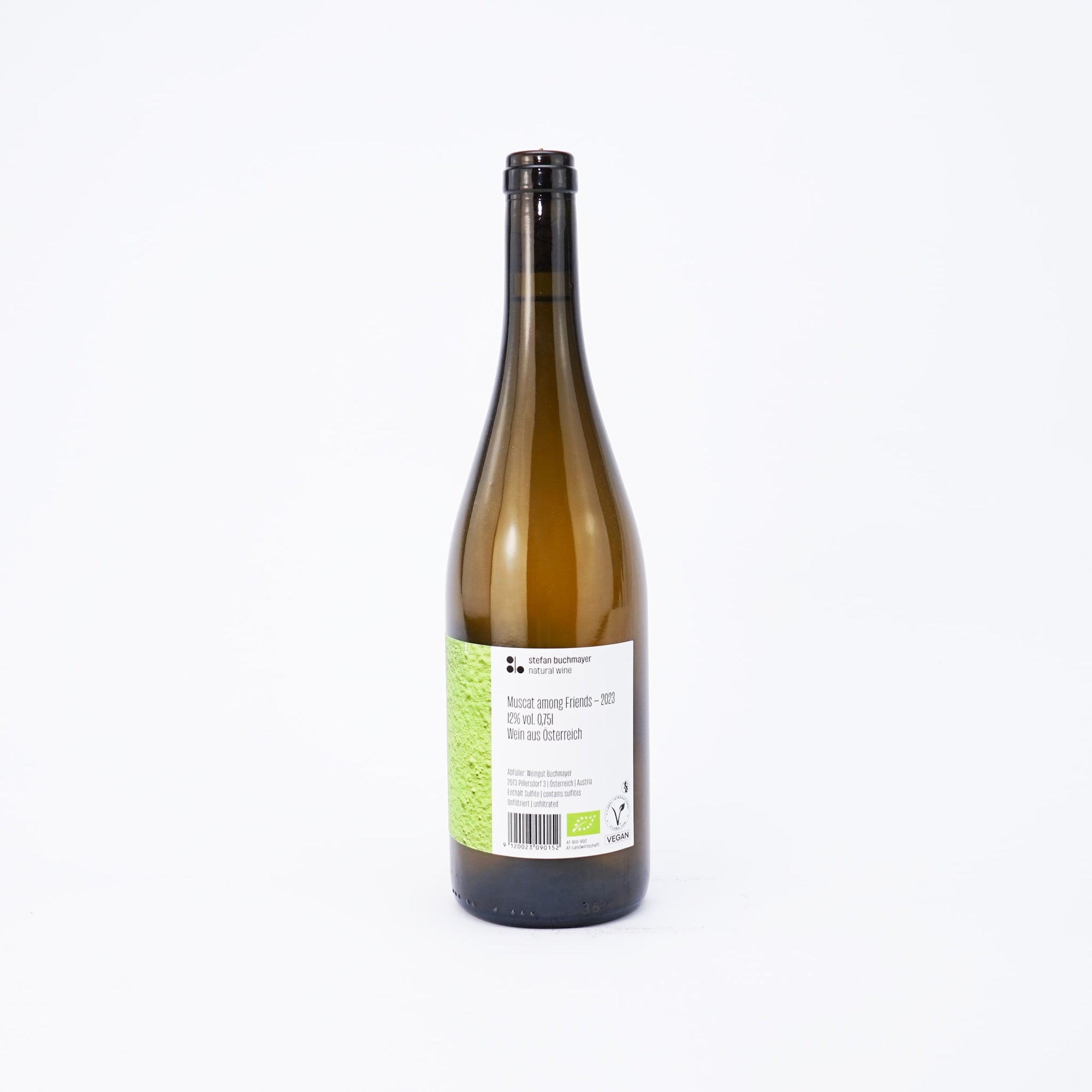 Bottle of white wine with a green label on a white background side view