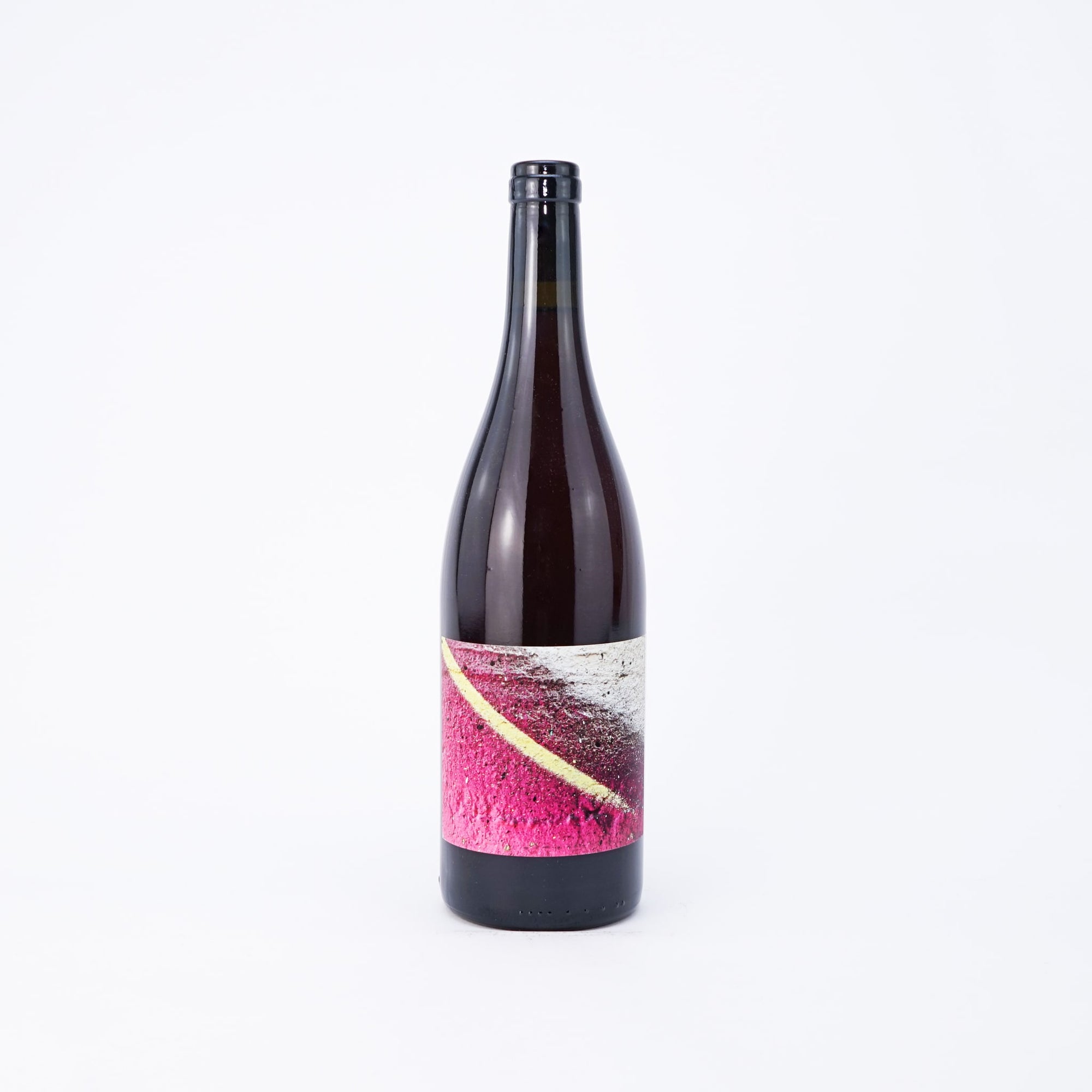 Wine bottle with a pink label on a white background front view