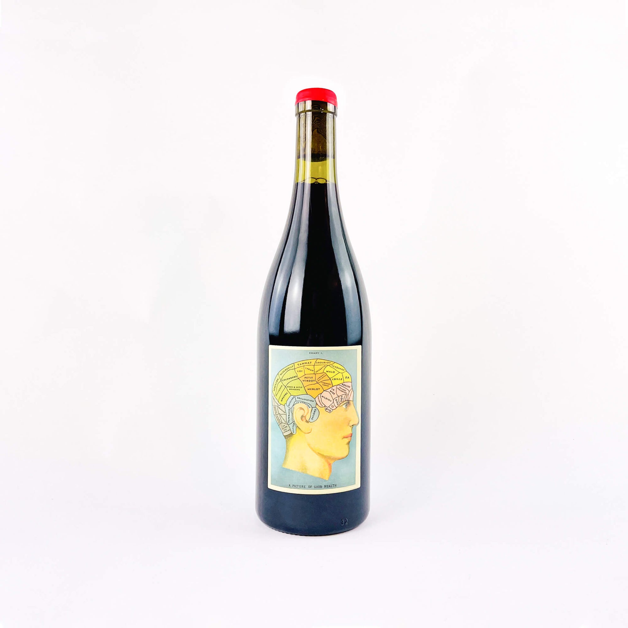 A bottle of red natural wine Vignoble Buquet Dans la Tete de Vigneron front view