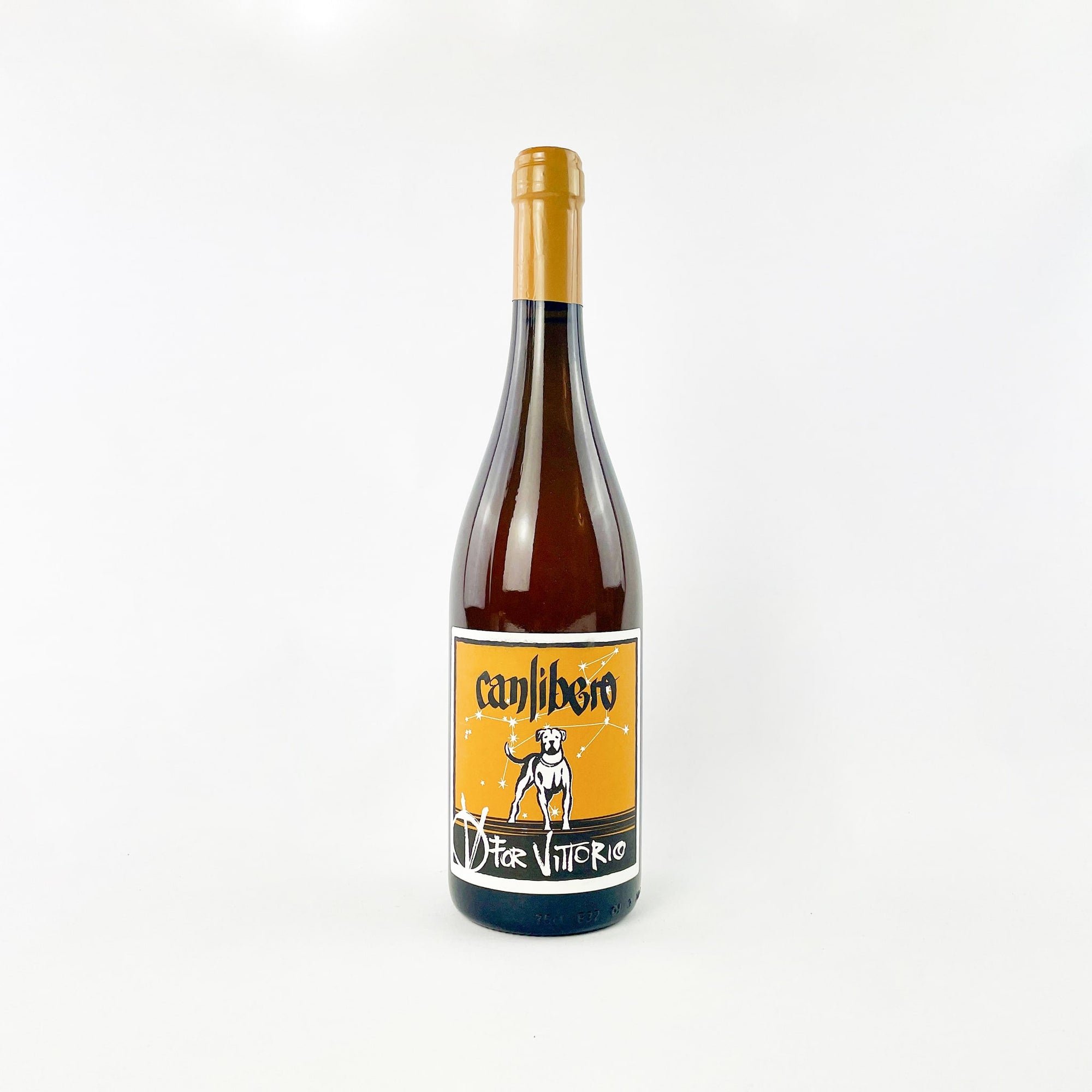 A Bottle Of Natural Orange White Wine V For Vittorio by Canlibero Front View