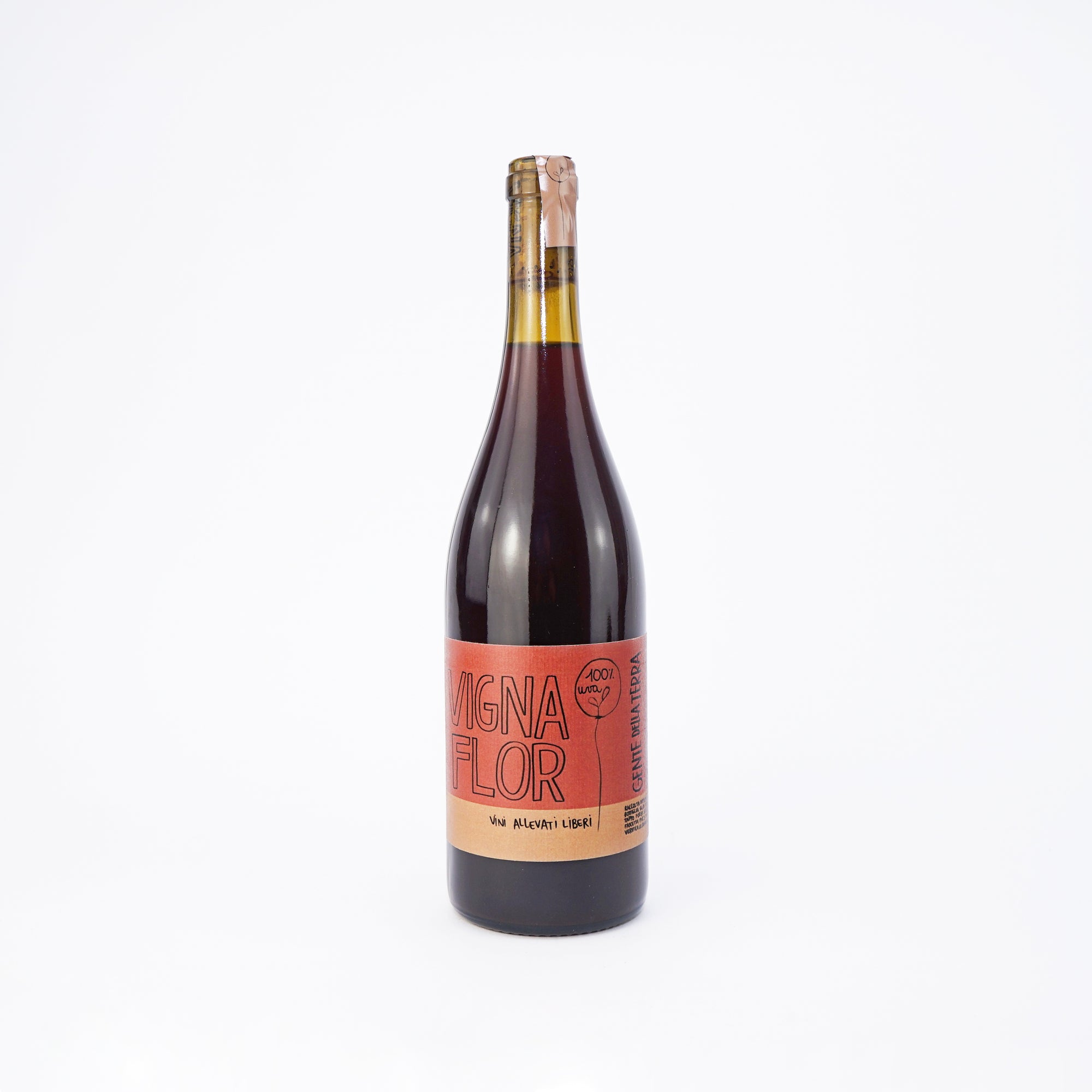 Natural Wine bottle of red wine with a red label on a white background