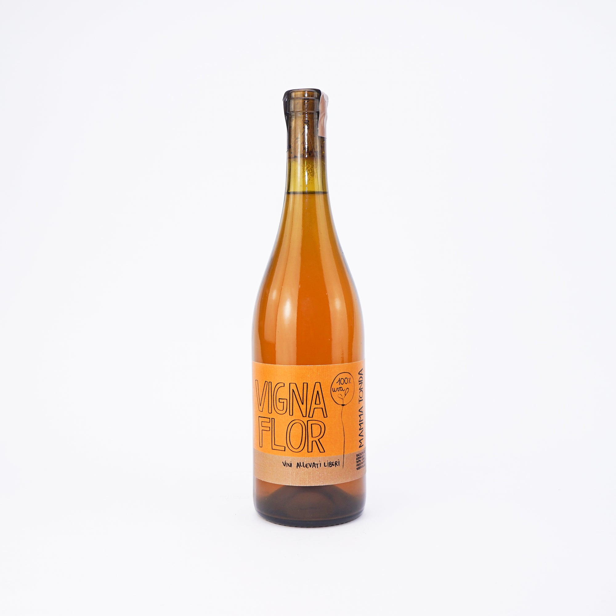 Bottle of orange natural wine by Vigna Flor on a white background