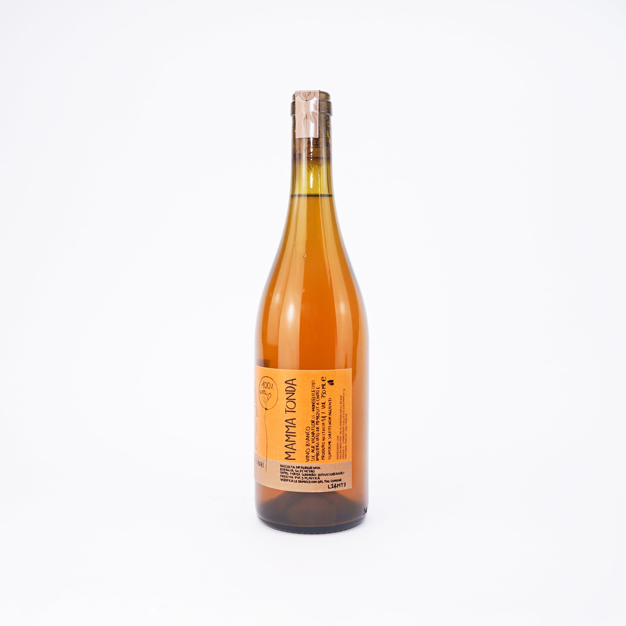 Natural orange wine bottle with a label saying mamma tonda on a white background
