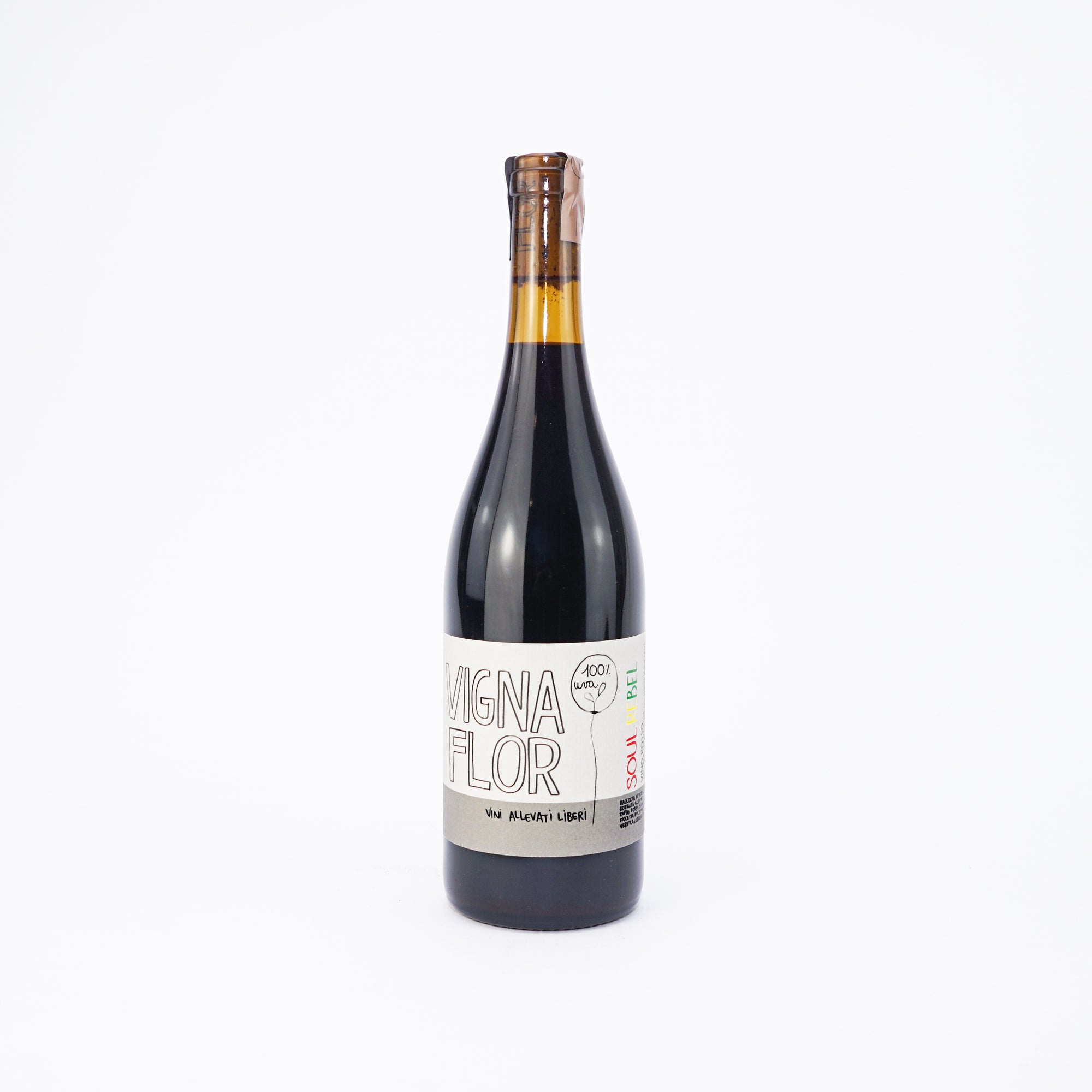 A bottle of red natural wine on white background