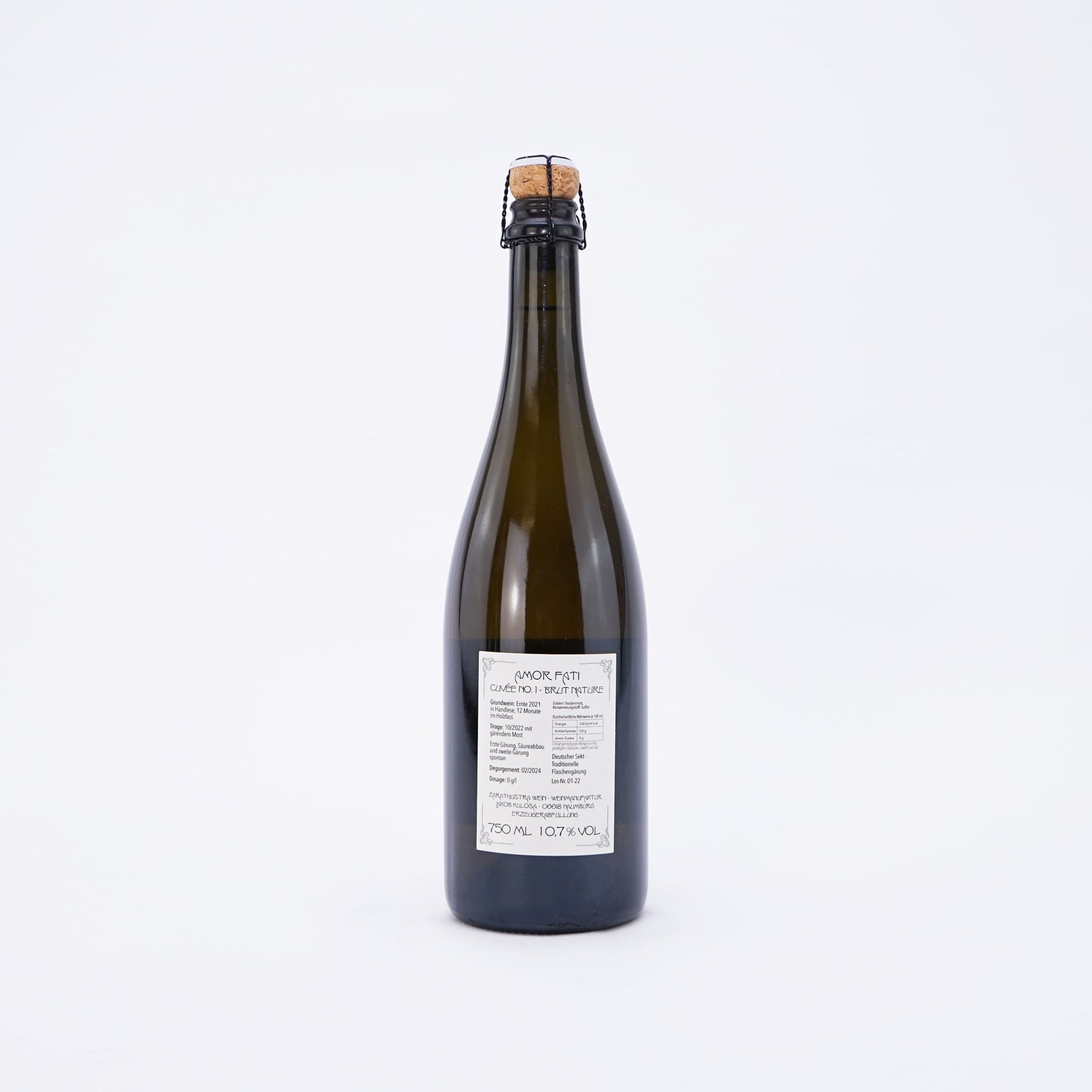 Bottle of Amor Fati white sparkling wine with a label on a white background back view
