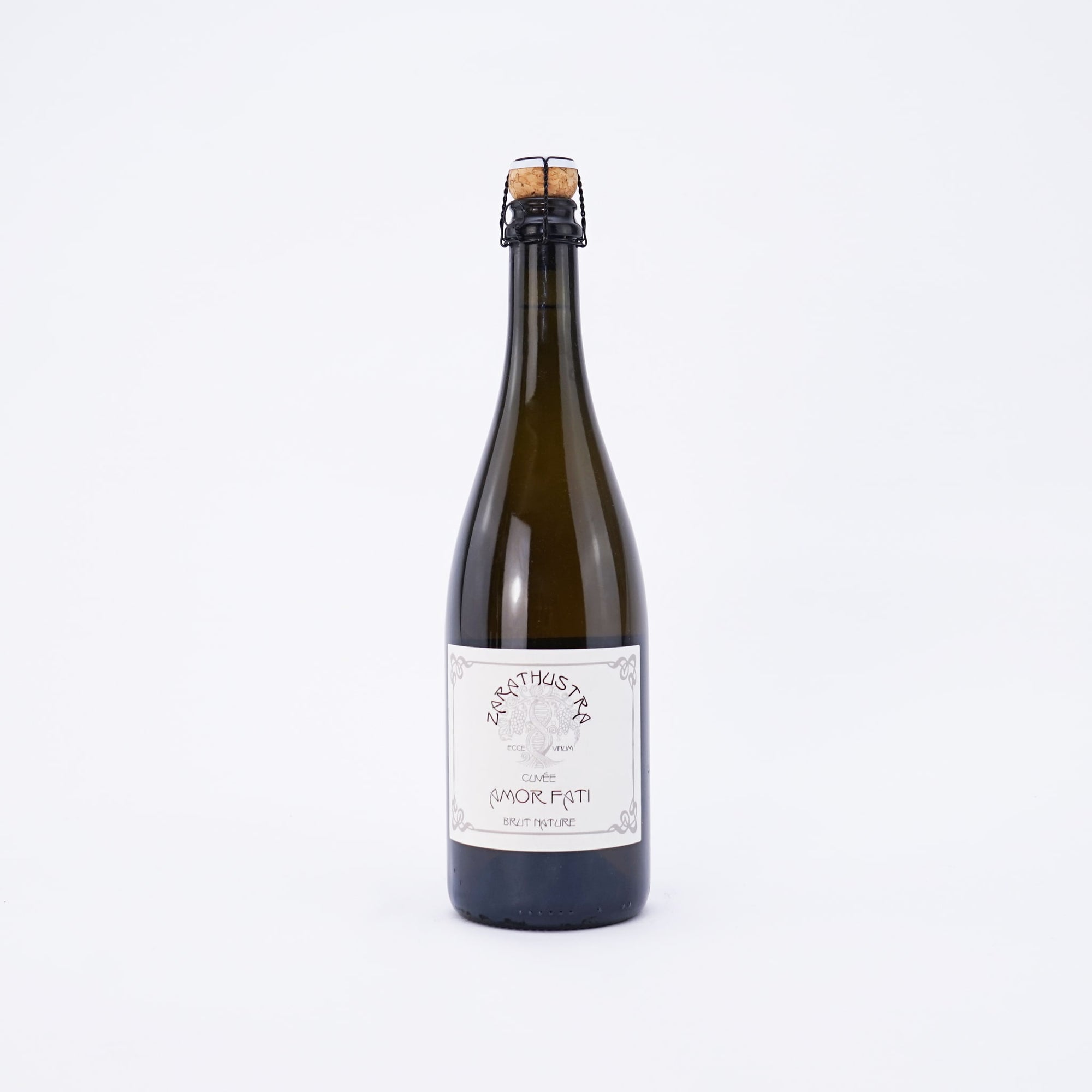 Bottle of Amor Fati white sparkling wine with a label on a white background front view